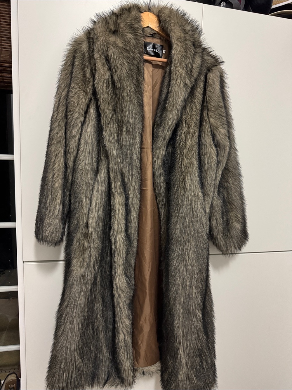 Faux Fur Long Coat - Gray Brown